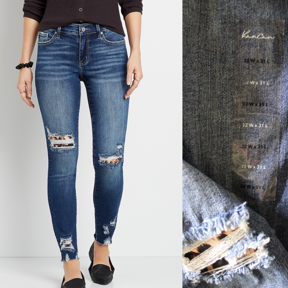 KanCan NWT Skinny Mid Rise Leopard Backed Ripped Jeans 32 14